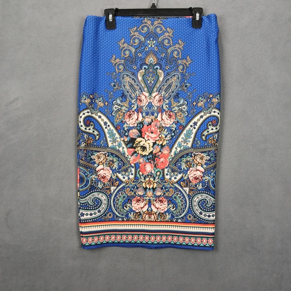 ECI New York Pencil Skirt Women Medium Blue Floral Paisley Print Stretch Pleated